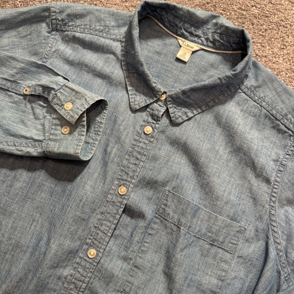 LL Bean Shirt Women 2X Blue Denim Chambray Cotton Classic Outdoor Western Rodeo